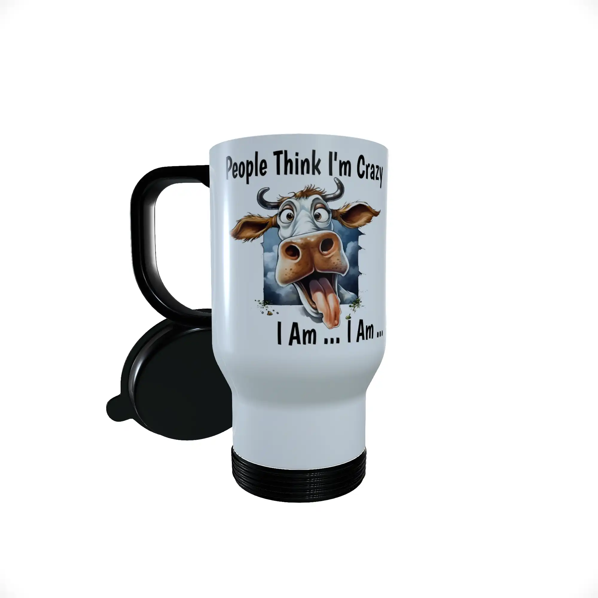 Cow - People Think I'm Crazy Travel Mug, Personalised Cow Mug